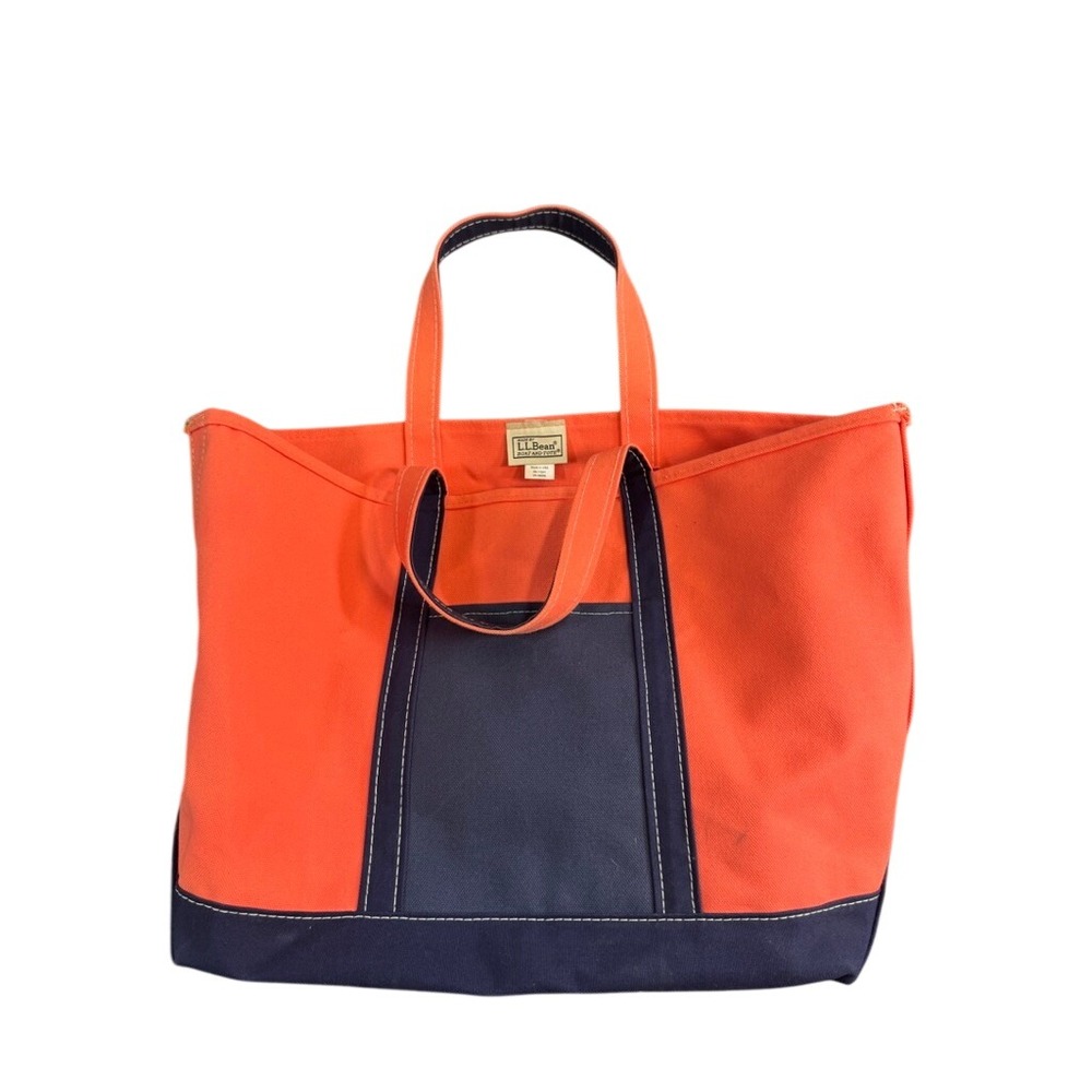 LL Bean Boat and Tote Canvas Bag Orange Navy Blue Large Made in USA